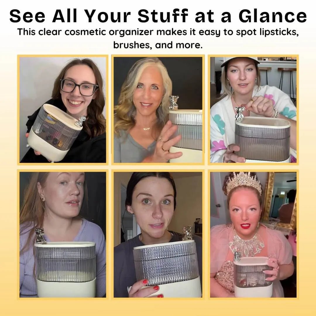 Clear cosmetic organizer being used by different people with text highlighting its benefits.
