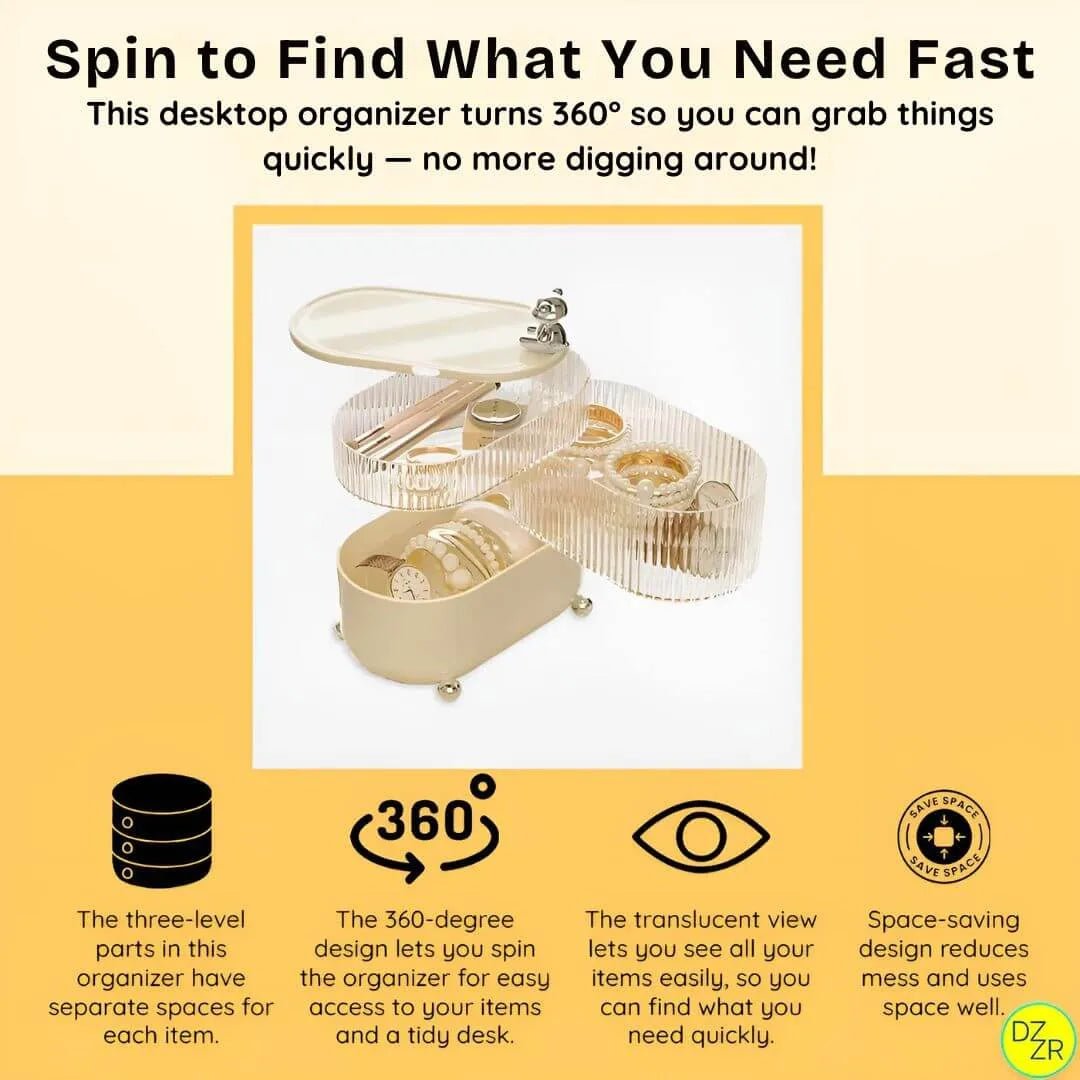 Desktop organizer with text describing its features on a yellow background