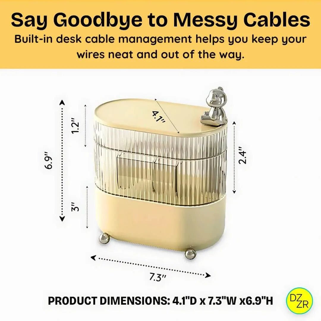 Gold cable management product with dimensions and text on a yellow background
