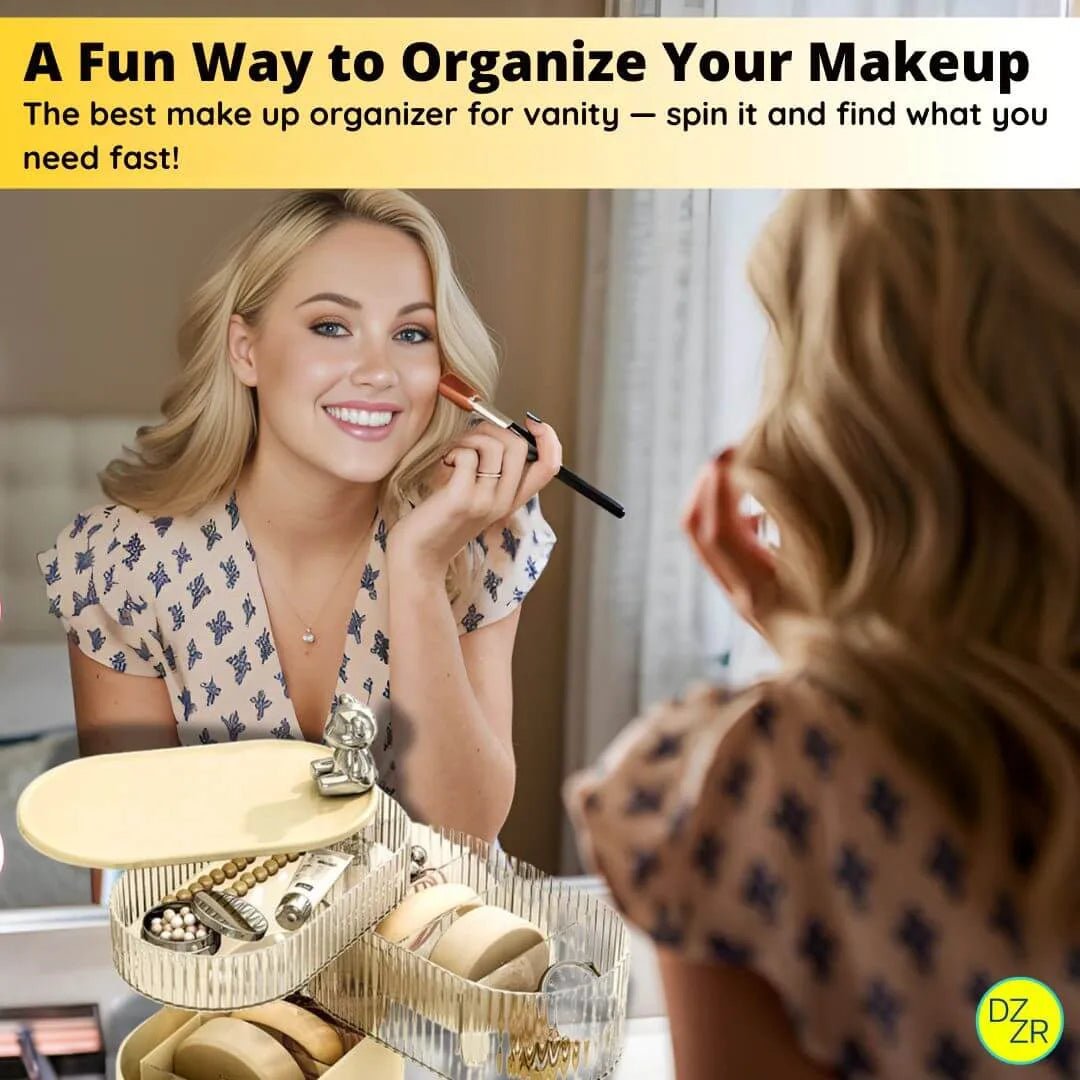 Woman applying makeup with a mirror and organizer on a vanity.
