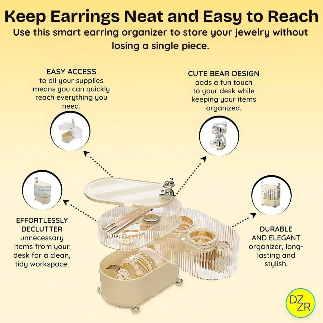 Earring organizer with features highlighted on a beige background