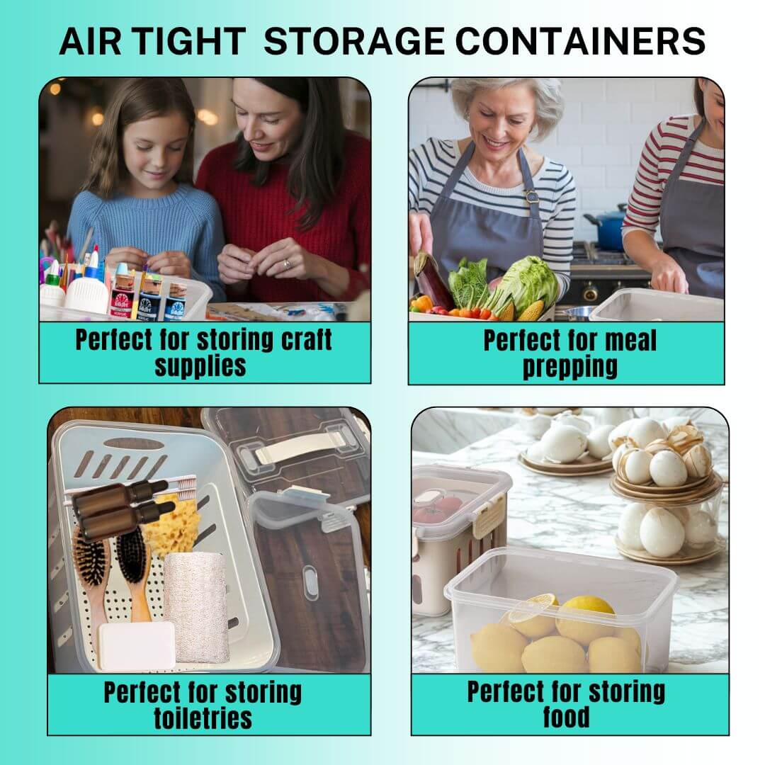 Advertisement for air tight storage containers with various uses including craft supplies, meal prepping, toiletries, and food storage.
