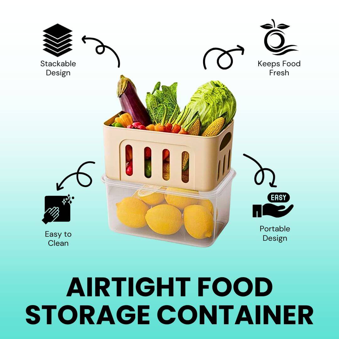 Airtight food storage container with vegetables and lemons on a light blue background