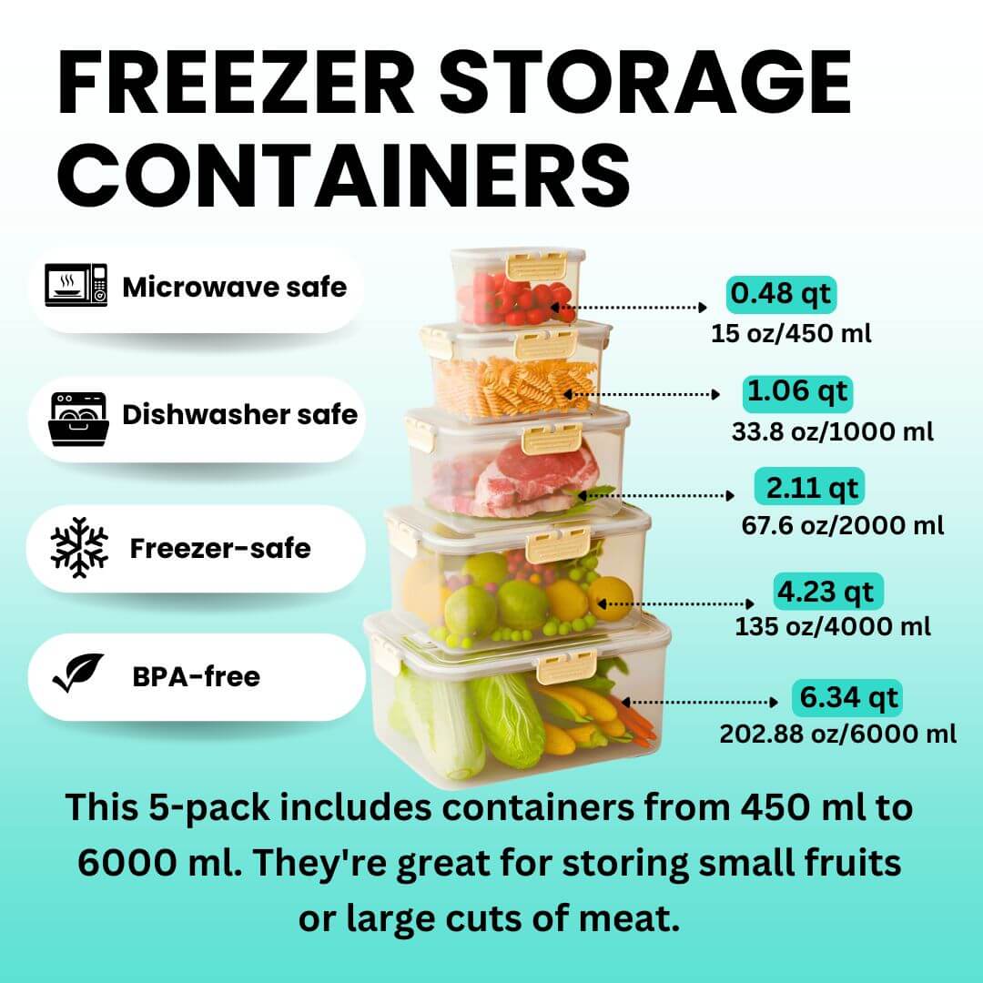 Freezer storage containers with size indicators and safety features on a light blue background