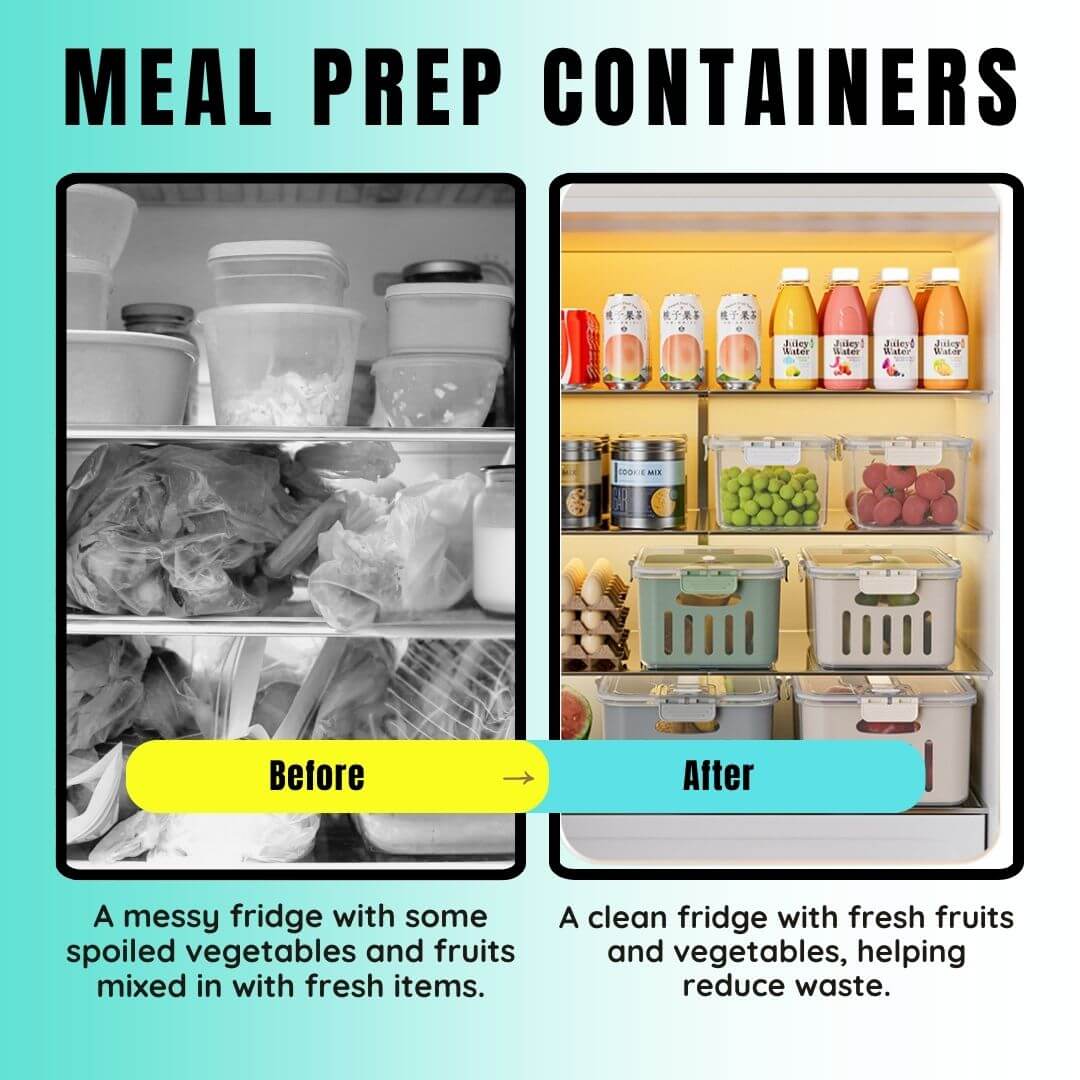 Before and after comparison of a messy fridge with spoiled vegetables and a clean fridge with fresh fruits and vegetables.