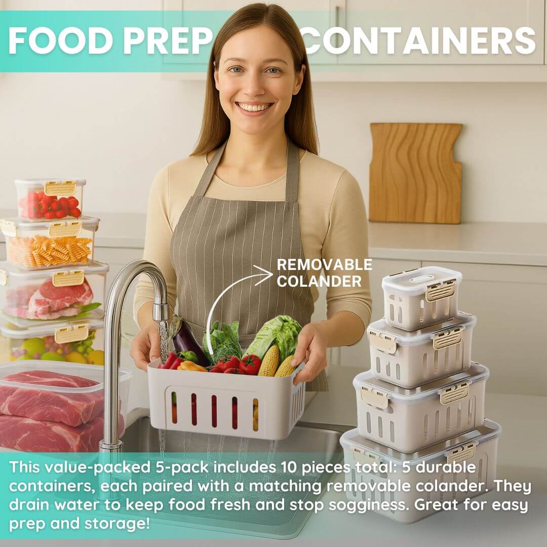 Woman in a kitchen with food prep containers and a removable colander, text overlay about product features.