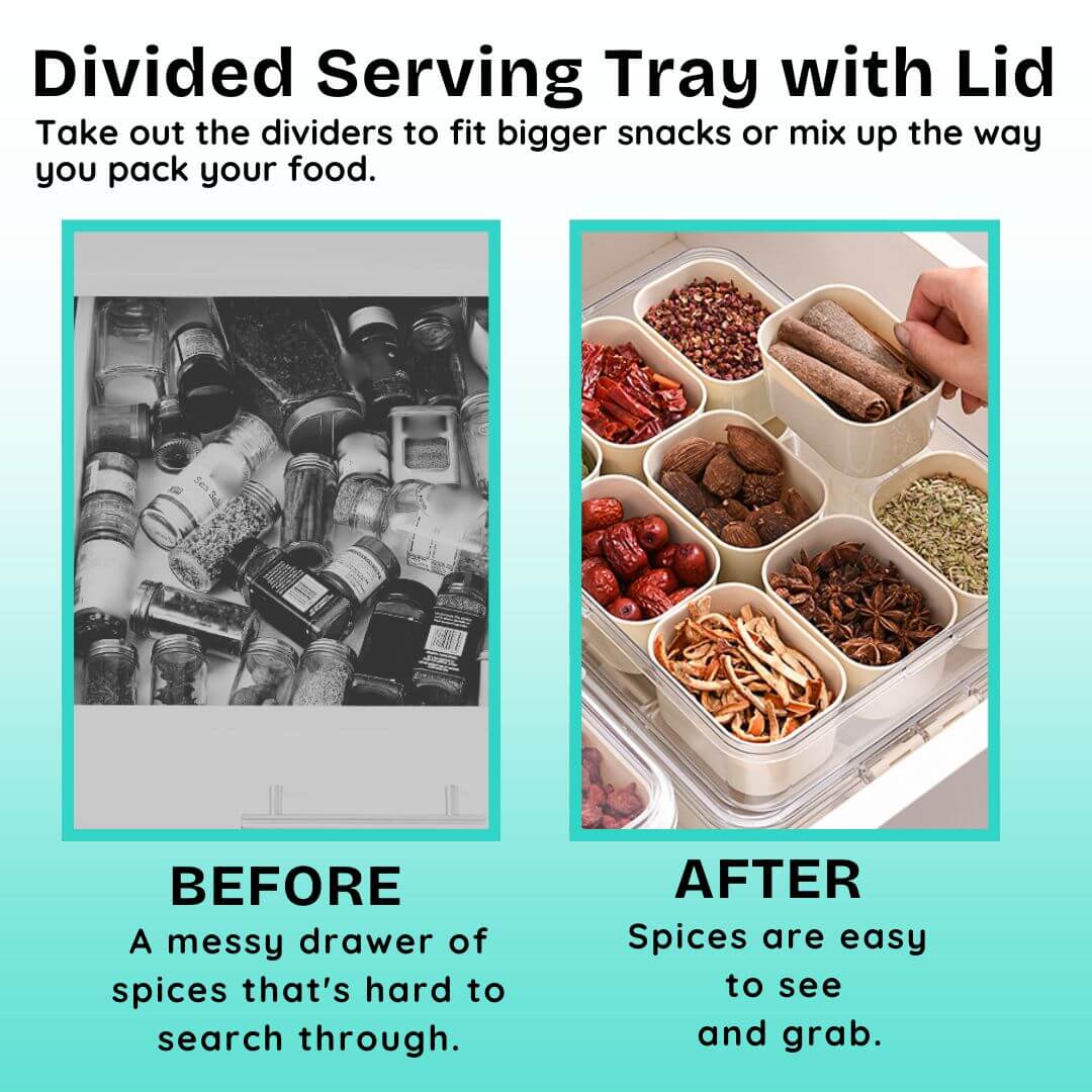 Divided serving tray with lid before and after use with spices.