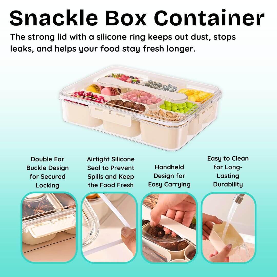 Snackable Box Container with features highlighted on a light blue background