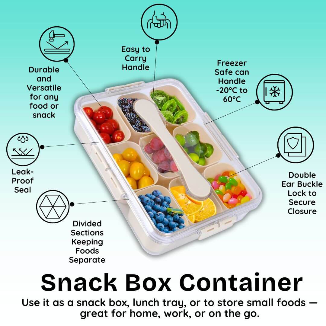 Snack box container with divided sections filled with snacks on a light blue background