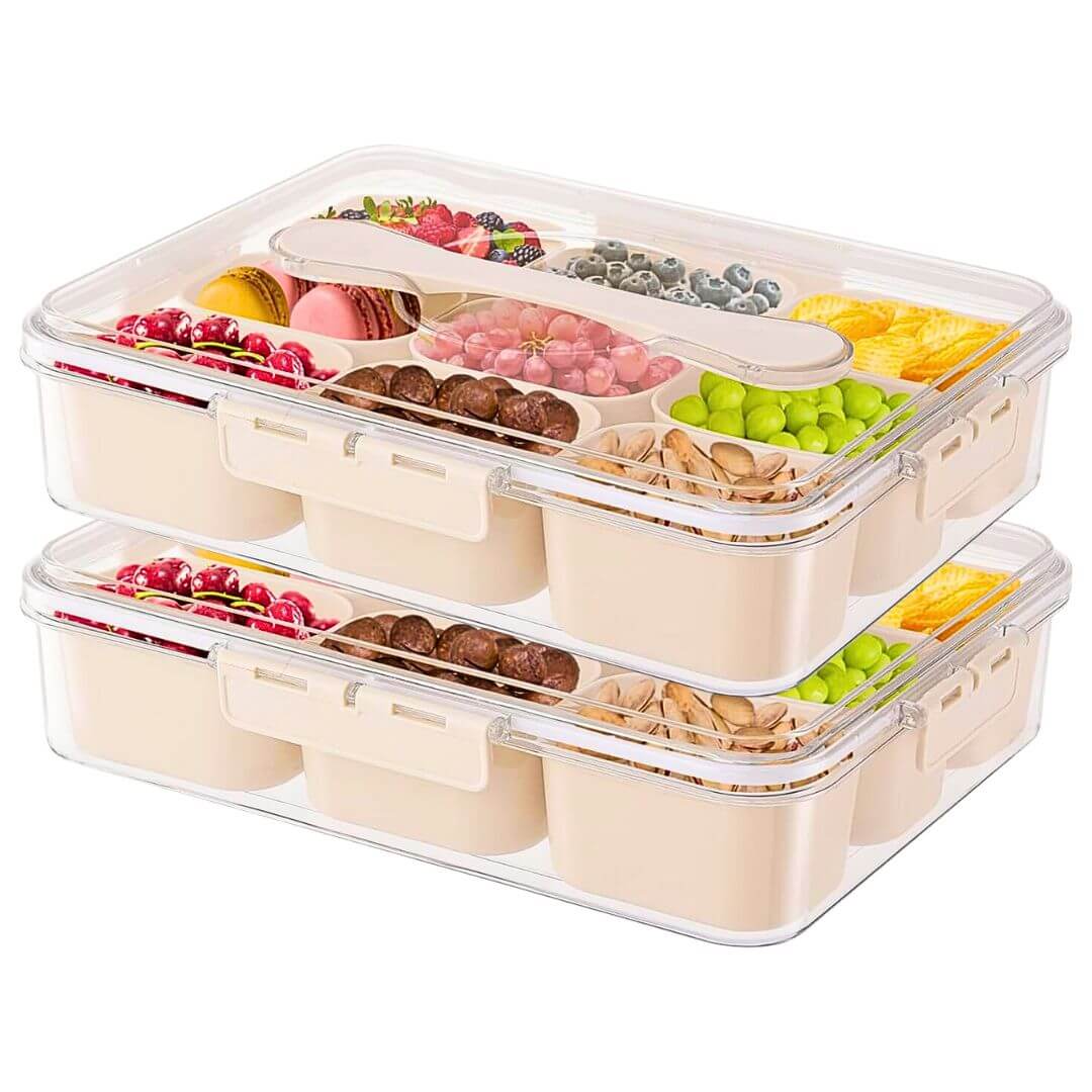 Bundle of 2 food storage container with compartments filled with various snacks on a white background