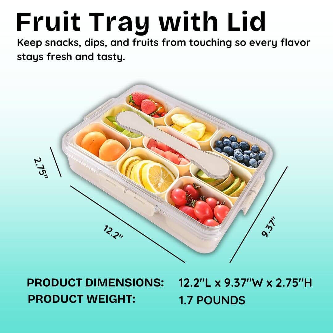 Fruit tray with lid containing various fruits on a light blue background