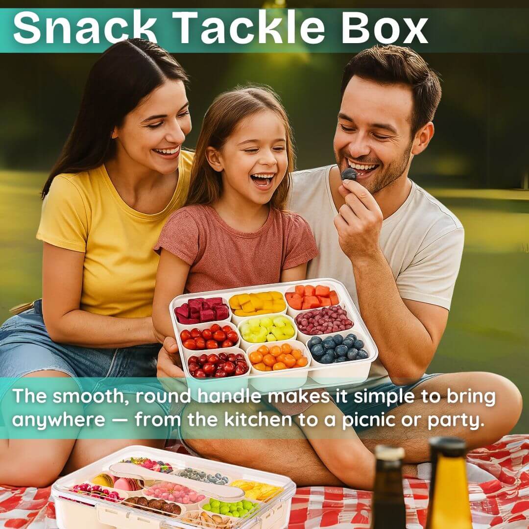Family enjoying a picnic with a snack tackle box, featuring colorful snacks.