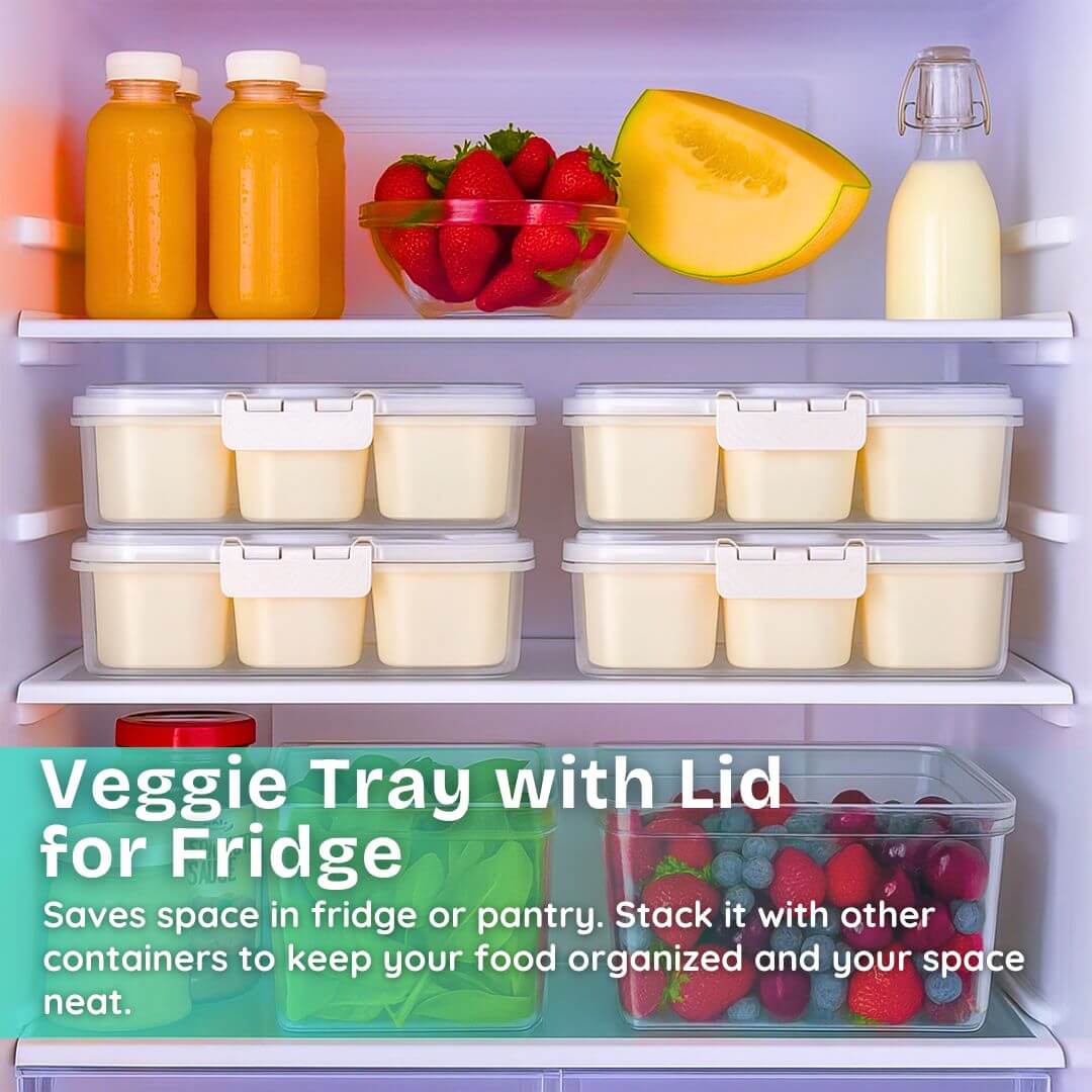 Fridge shelves with containers, vegetables, and fruits, featuring text about a veggie tray with lid.