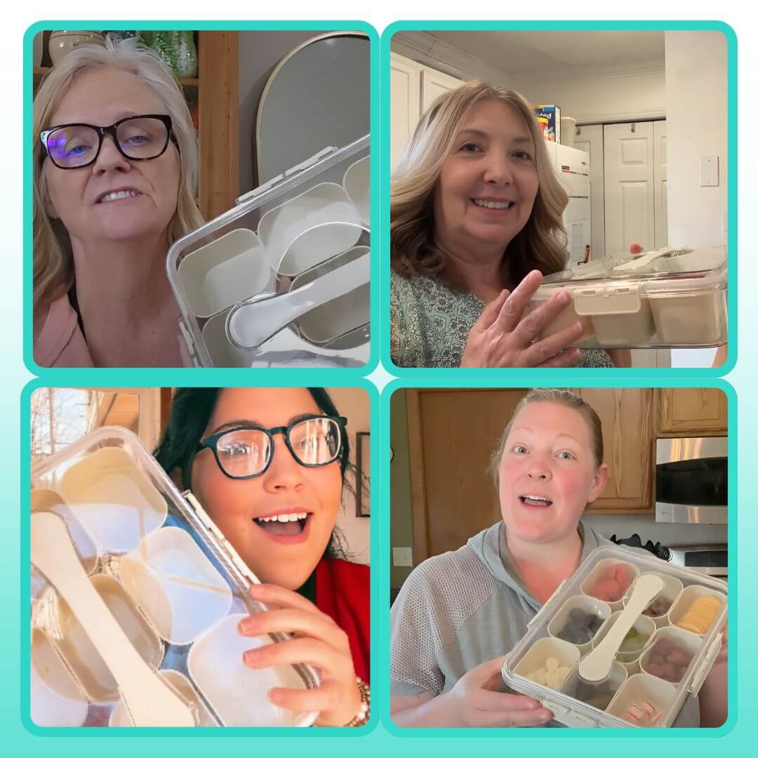 Four quadrants showing a woman with different expressions holding a food storage container.