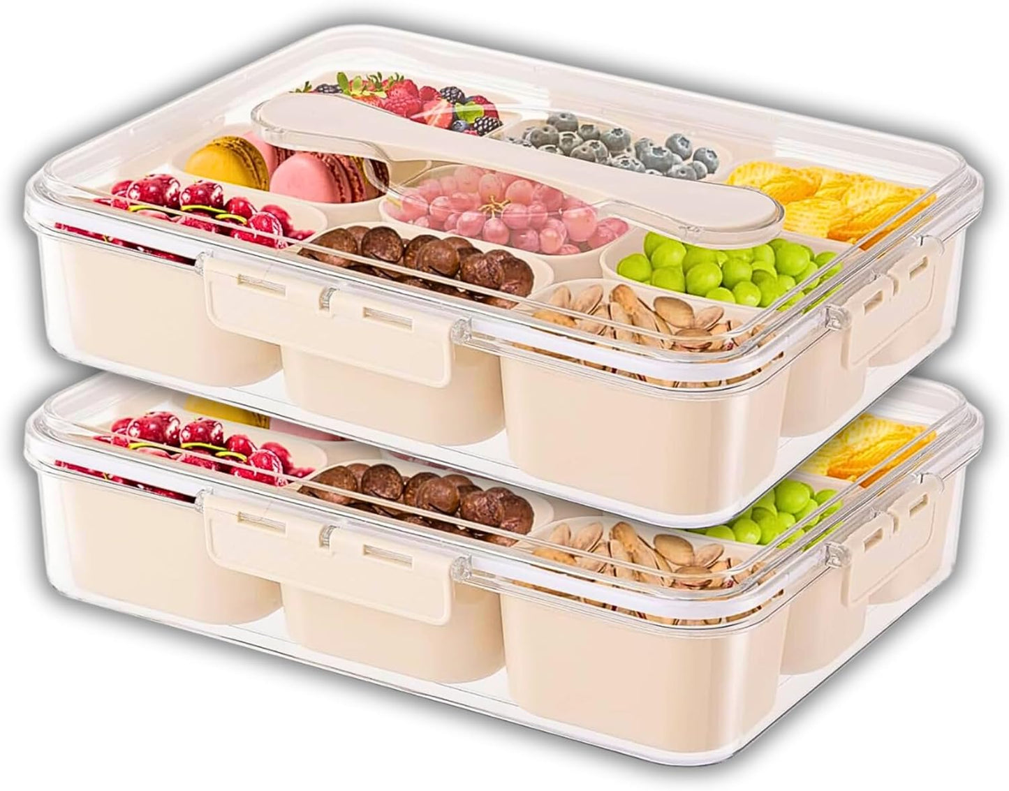 9 Compartment Divided Fruit Tray & Snackle Box with Lid (Bundle of 2) - Veggie Tray, Party Tray, Food Storage Container for Vegetables, Fruits, Snacks, Spices