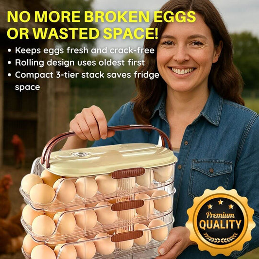 Dazzleree 3-Tier Rolling Egg Holder | Keeps Eggs Fresh, Crack-Free & Saves Fridge Space