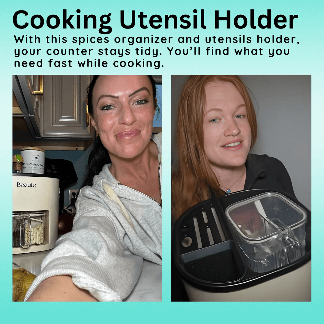 Two women in a kitchen with a cooking utensil holder and spices organizer.