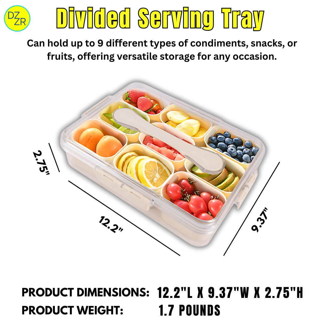 9 Compartment Divided Fruit Tray & Snackle Box with Lid (Bundle of 2) - Veggie Tray, Party Tray, Food Storage Container for Vegetables, Fruits, Snacks, Spices