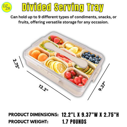 9 Compartment Divided Fruit Tray & Snackle Box with Lid (Bundle of 2) - Veggie Tray, Party Tray, Food Storage Container for Vegetables, Fruits, Snacks, Spices