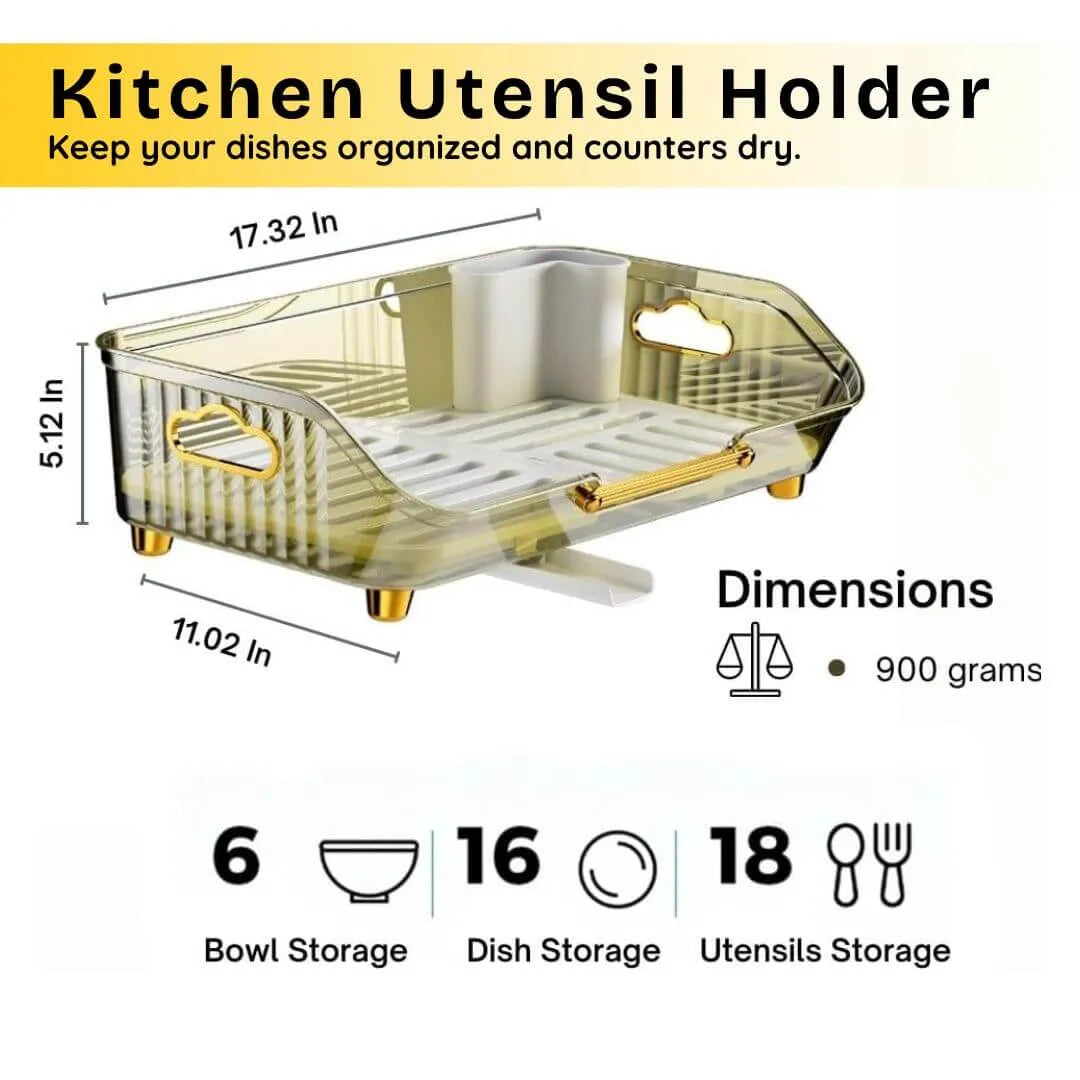 Kitchen utensil holder with dimensions and storage capacity on a white background