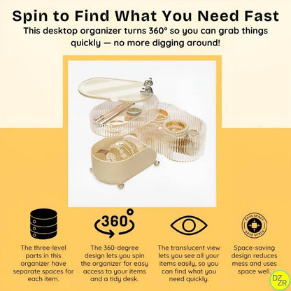 Desktop organizer with text describing its features on a yellow background