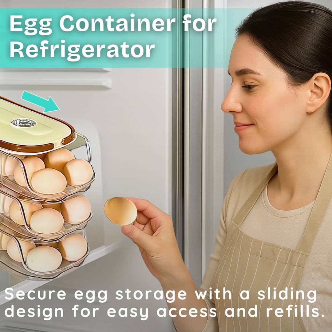 Woman using an egg container for refrigerator with text highlighting its features.