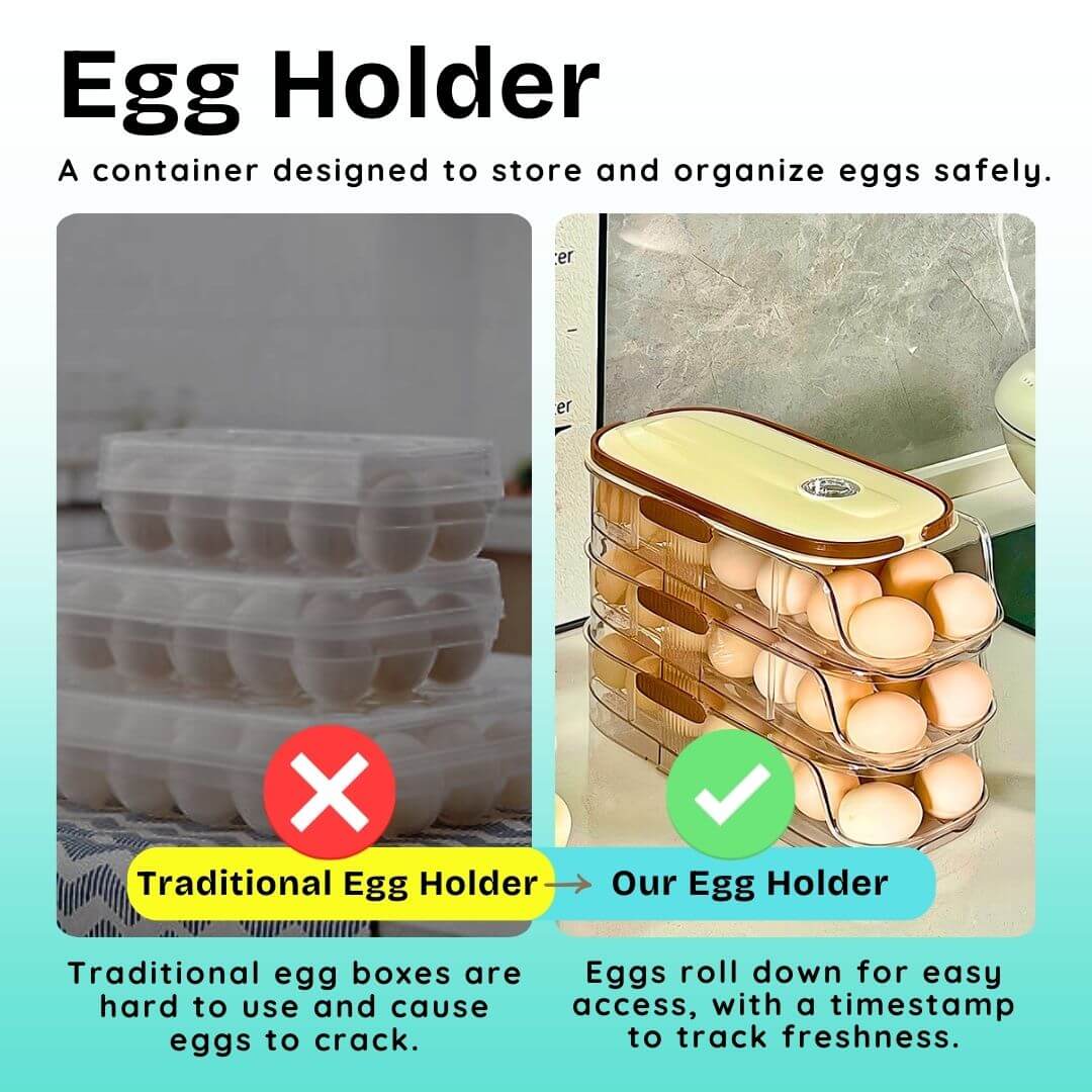Egg holder container with traditional egg box comparison on a light blue background
