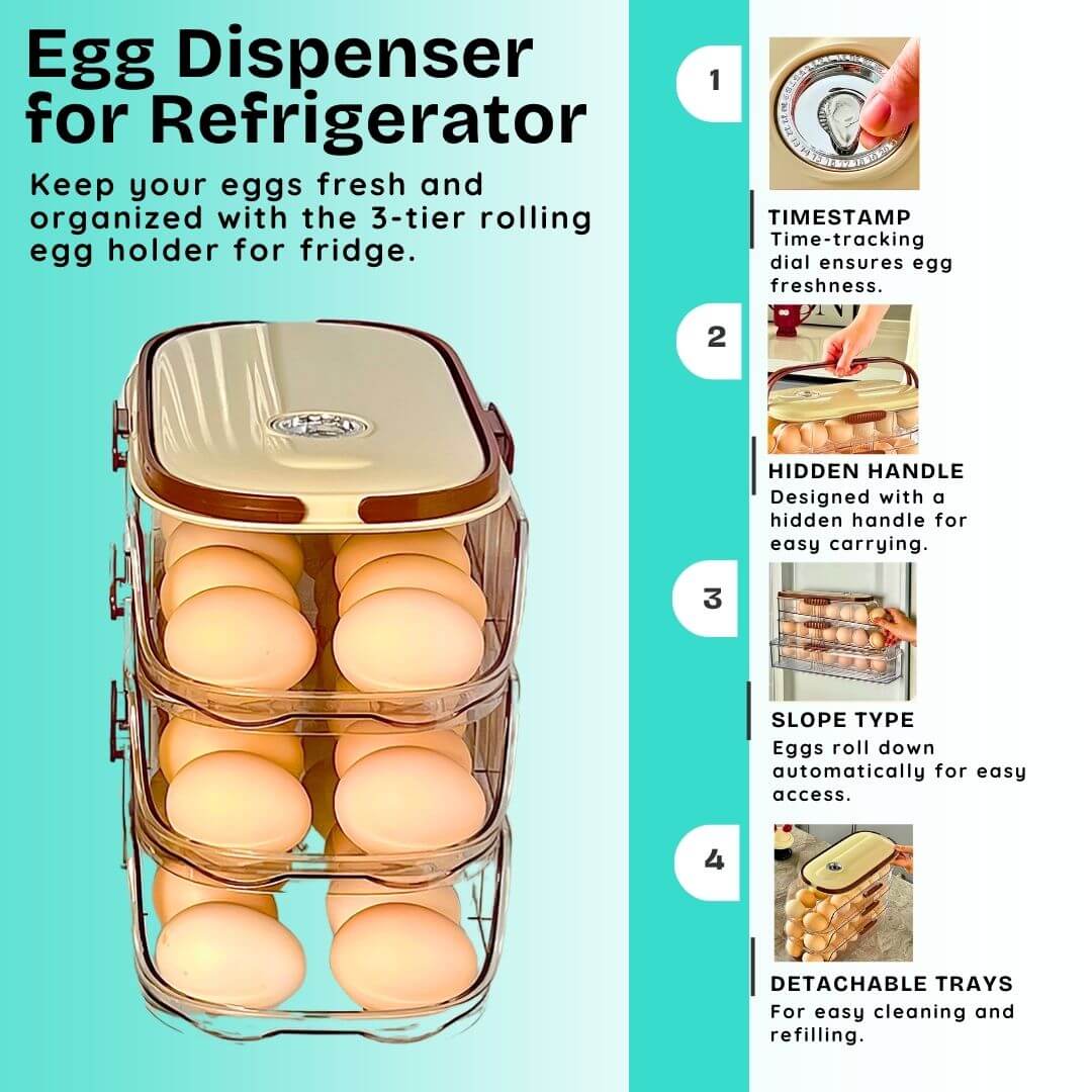Egg dispenser for refrigerator with features listed on a teal background