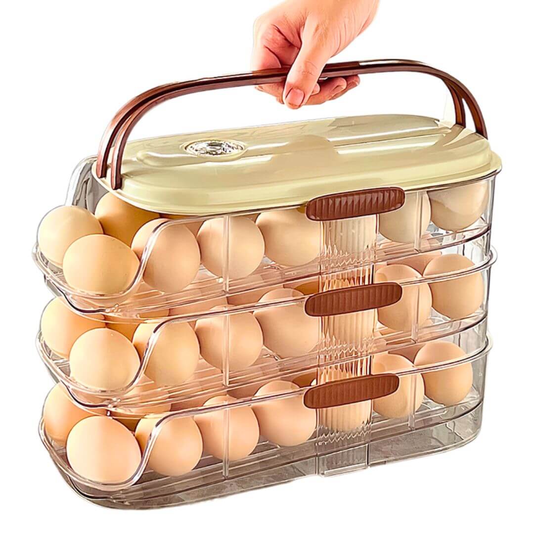 Egg storage container with eggs inside, held by a hand on a white background