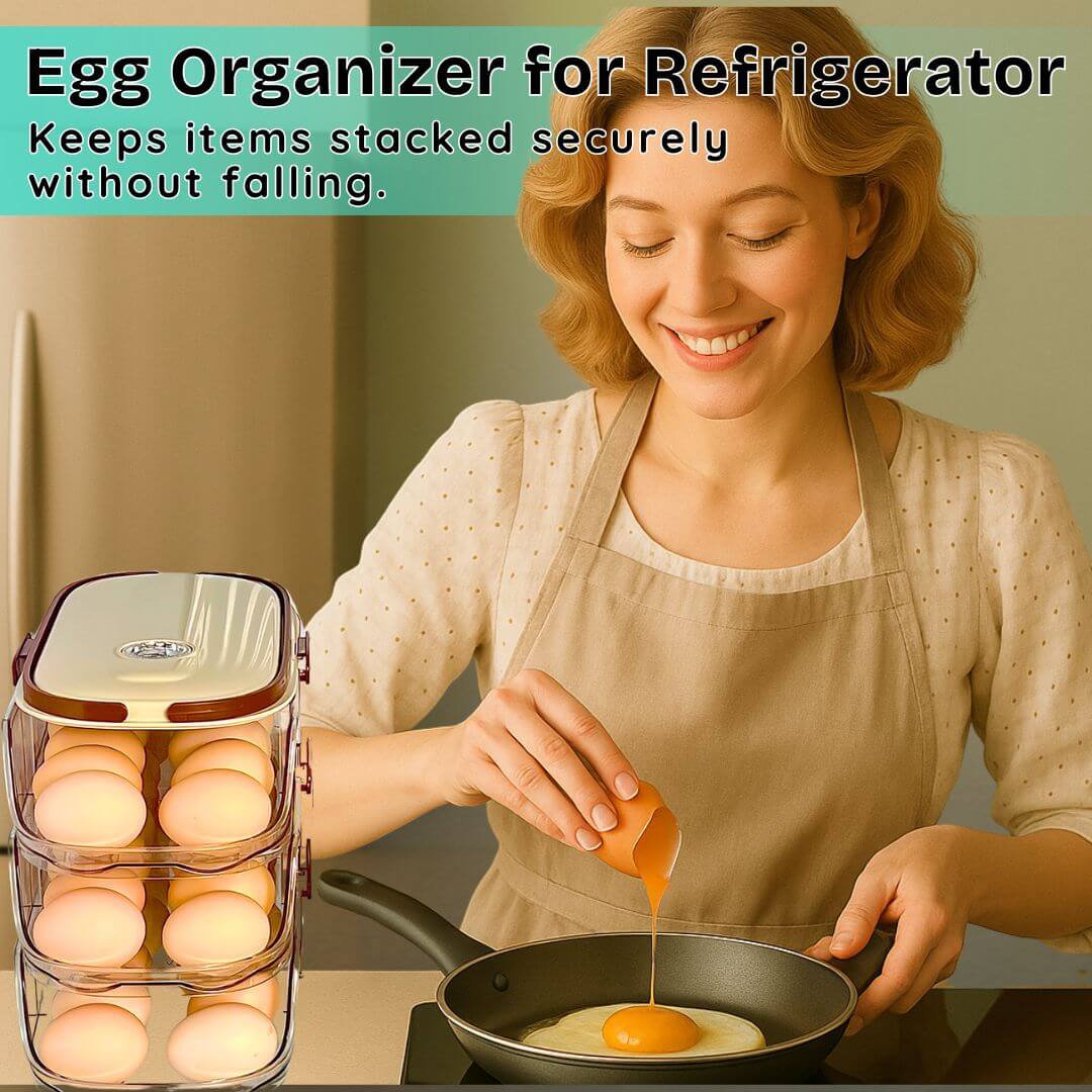 Woman cooking with an egg organizer for the refrigerator in the foreground.