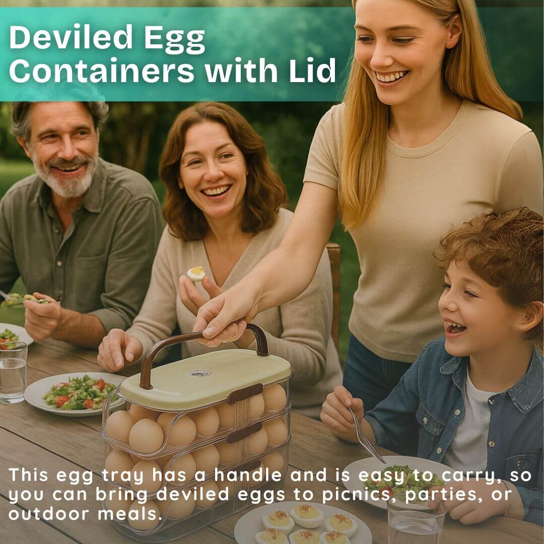 Family at a picnic table with a Deviled Egg Containers with Lid product overlay.