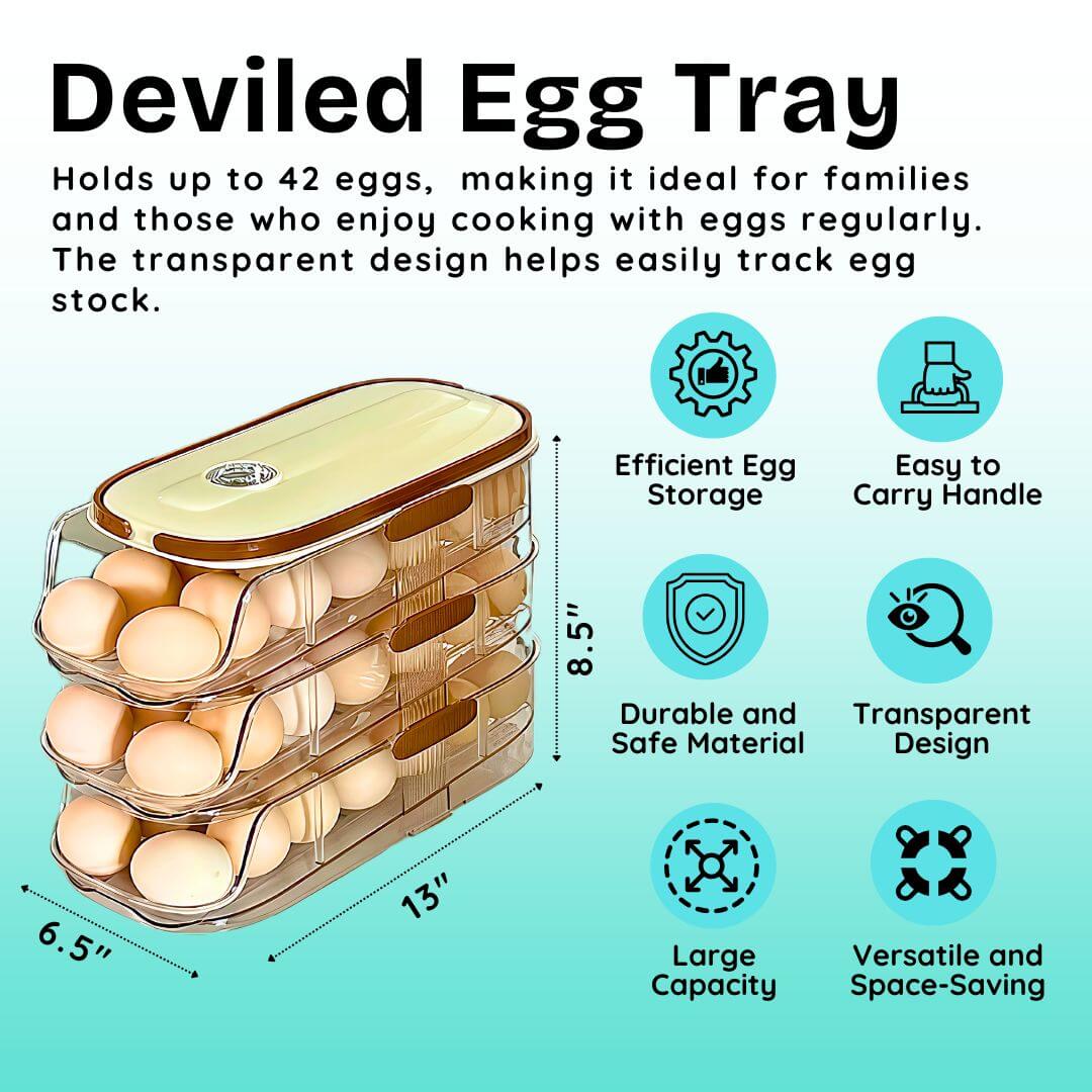 Deviled Egg Tray with features and dimensions on a light blue background