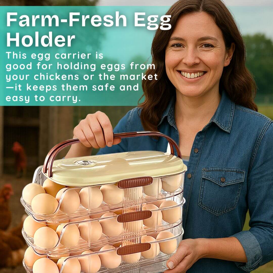 Woman holding a farm-fresh egg holder with text describing its use.