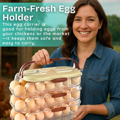Woman holding a farm-fresh egg holder with text describing its use.