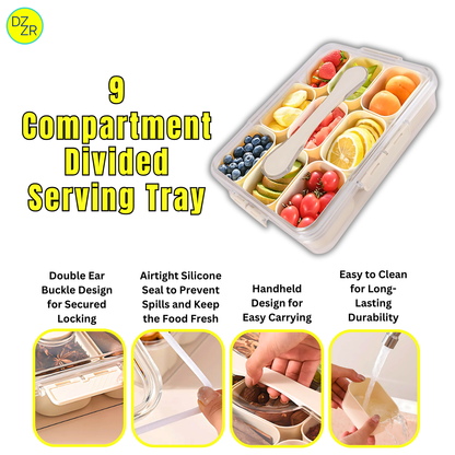 9 Compartment Divided Fruit Tray & Snackle Box with Lid (Bundle of 2) - Veggie Tray, Party Tray, Food Storage Container for Vegetables, Fruits, Snacks, Spices