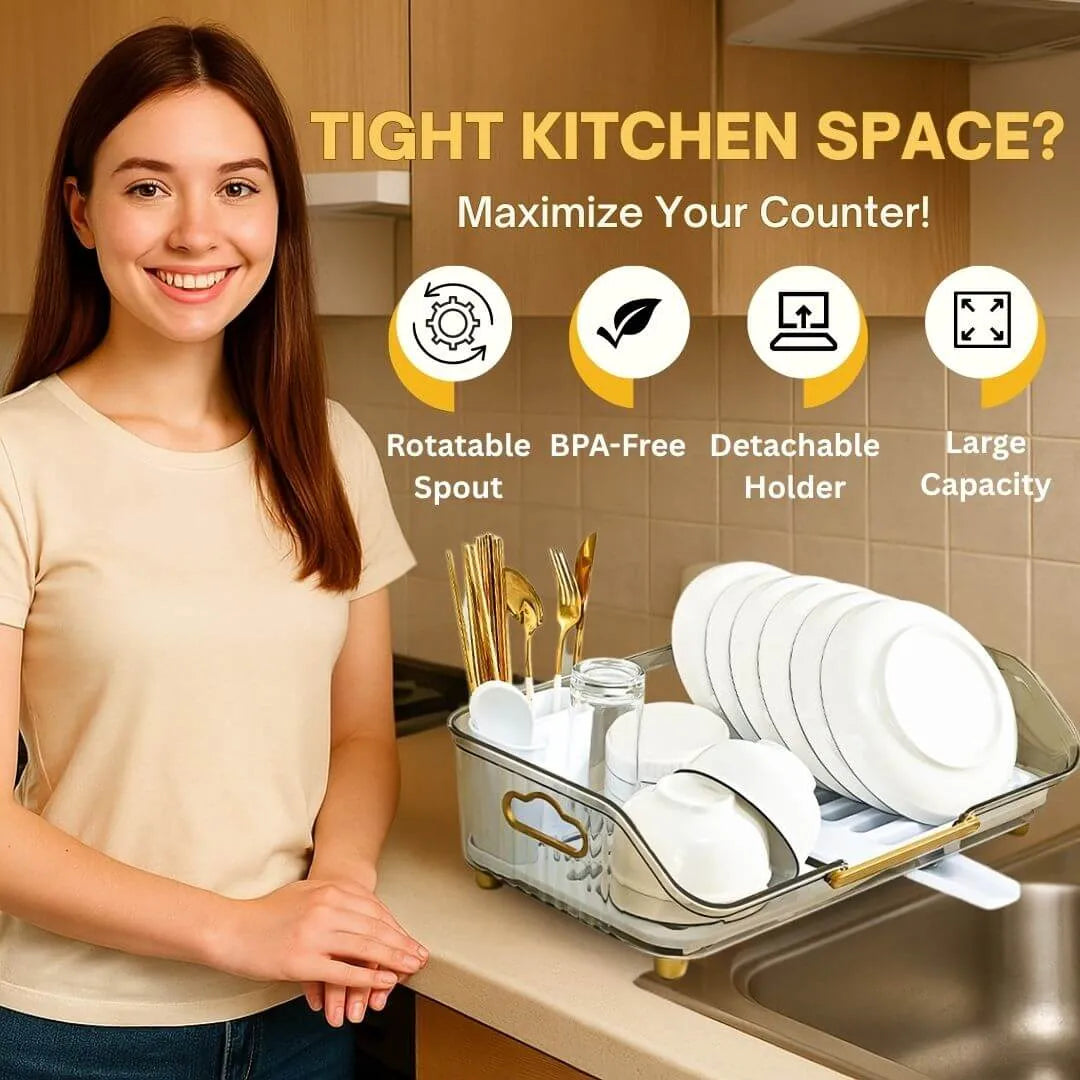 Woman standing next to a dish drying rack with text about maximizing kitchen space.