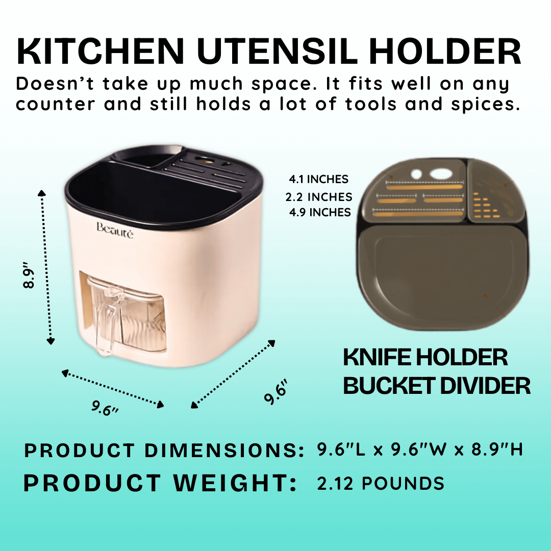 Kitchen utensil holder with dimensions and weight information on a light blue background
