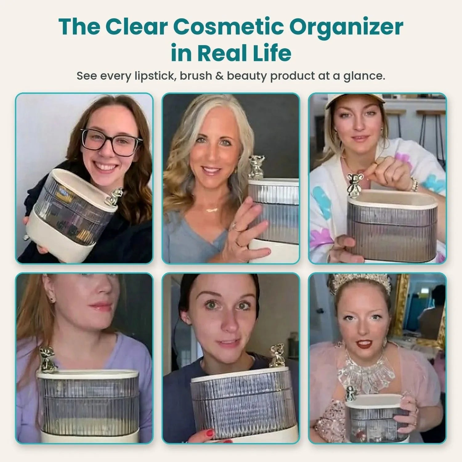 Women holding the Dazzleree clear cosmetic organizer, a 360 rotating makeup organizer and beauty organizer