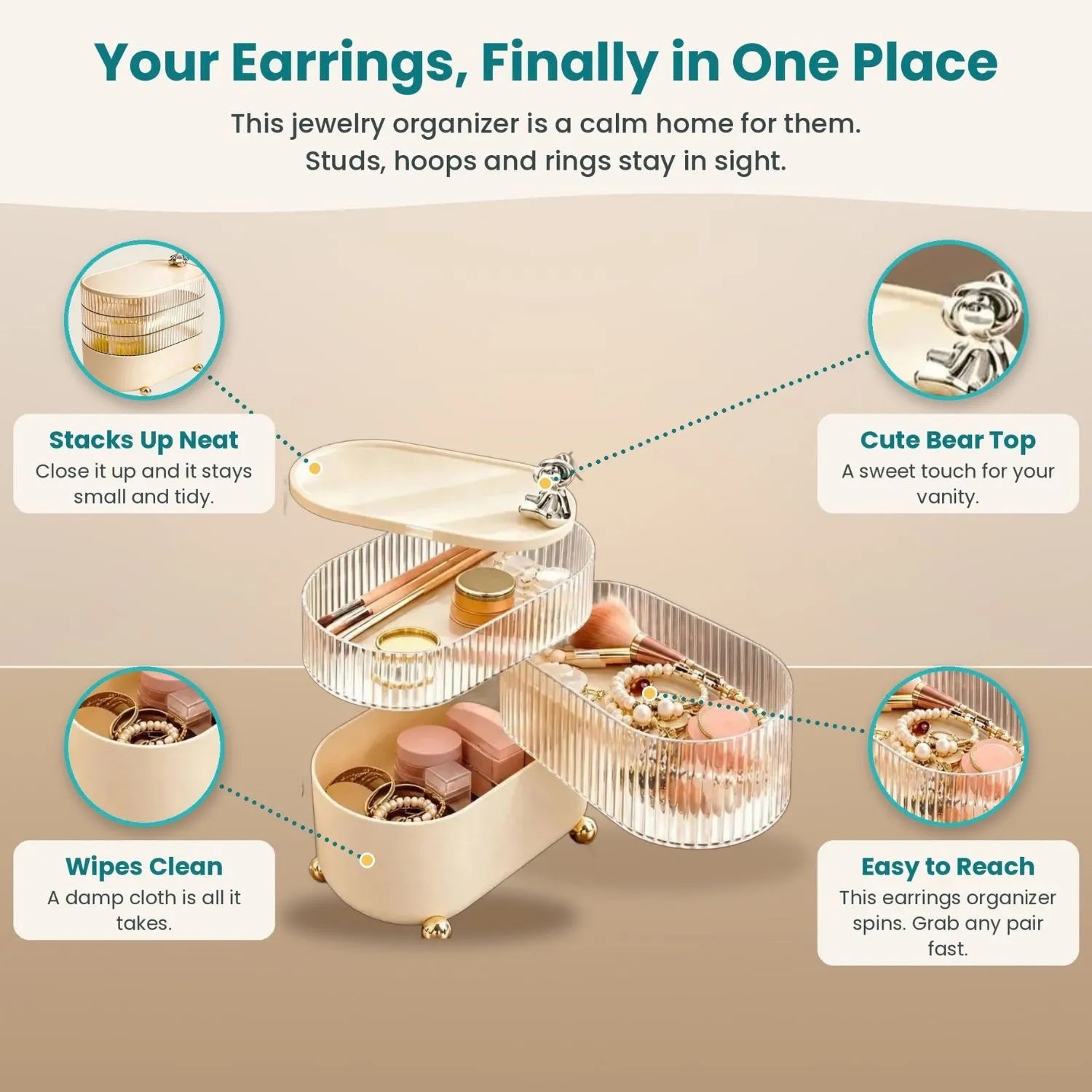 Earrings organizer and jewelry organizer with rotating clear tiers, bear lid and gold feet, holding rings, pearls and makeup