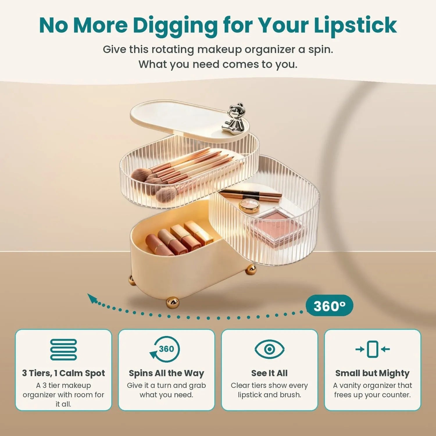 Rotating makeup organizer spinning 360 degrees, 3 tier vanity organizer holding lipsticks, makeup brushes and blush