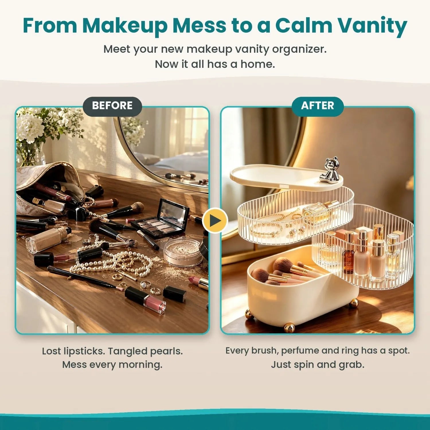 messy vanity vs. a makeup vanity organizer used as a jewelry organizer and makeup brushes organizer for mini perfumes