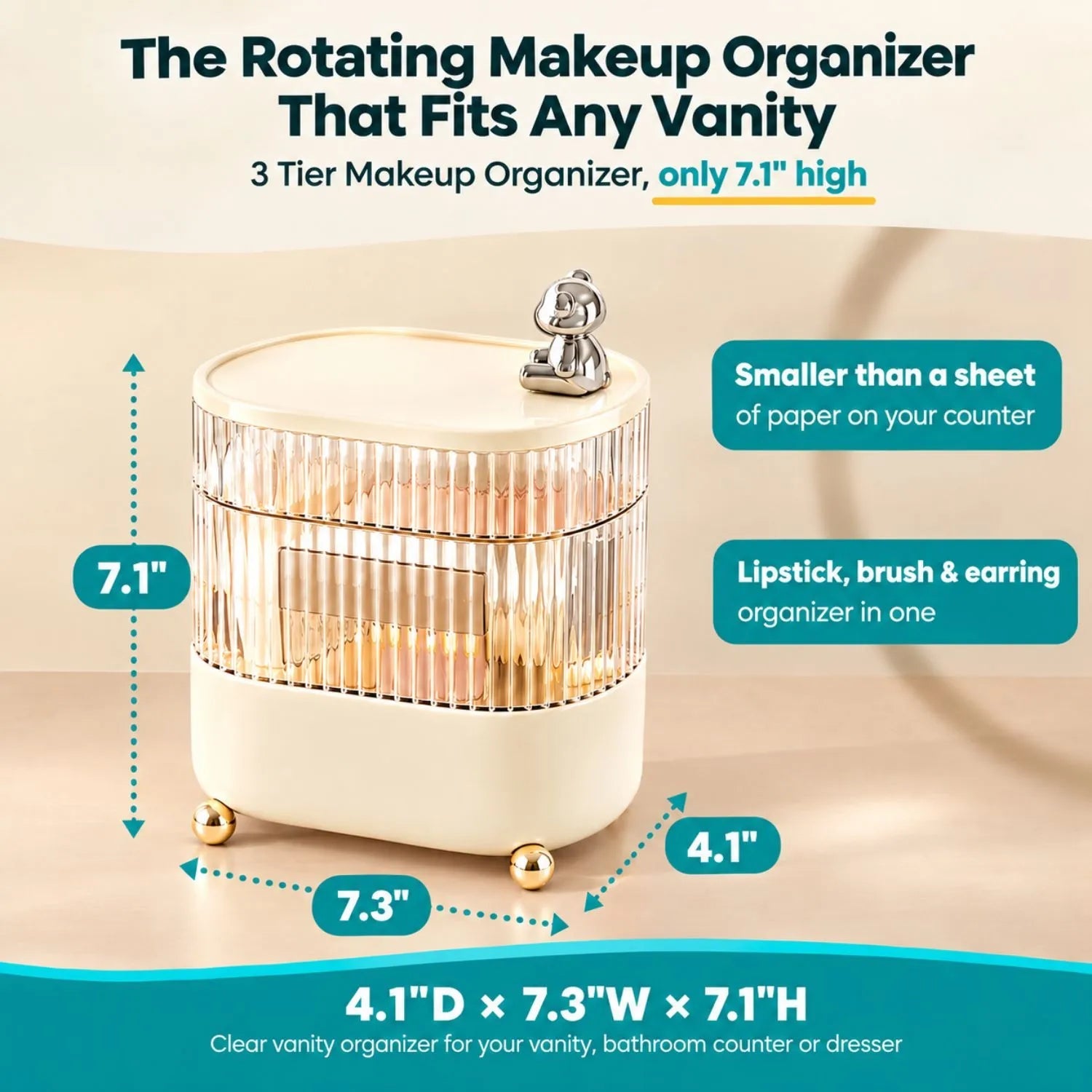 360° Rotating Makeup & Jewelry Organizer, 3-Tier Clear Vanity Storage