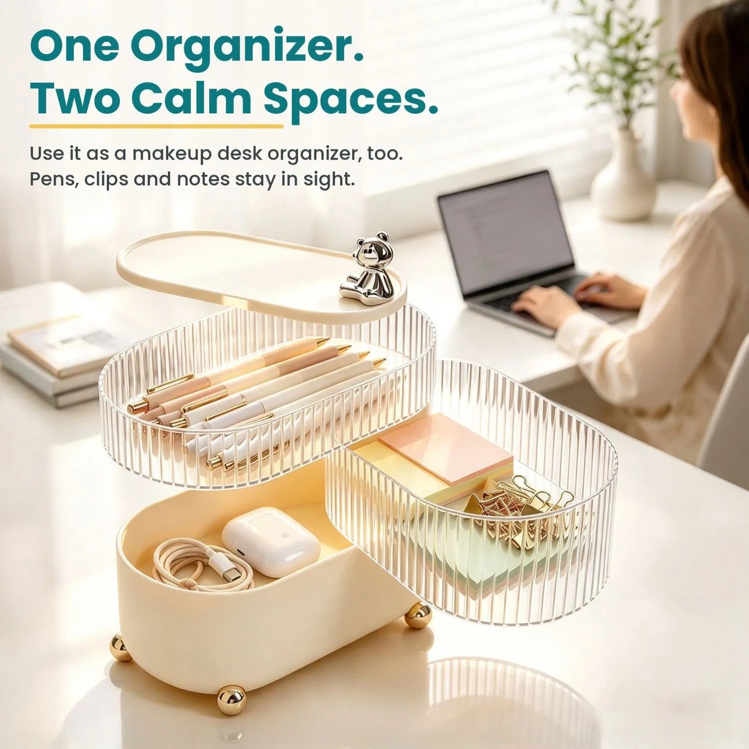 Rotating makeup organizer used as a makeup desk organizer and vanity desk organizer, holding pens, clips and sticky notes