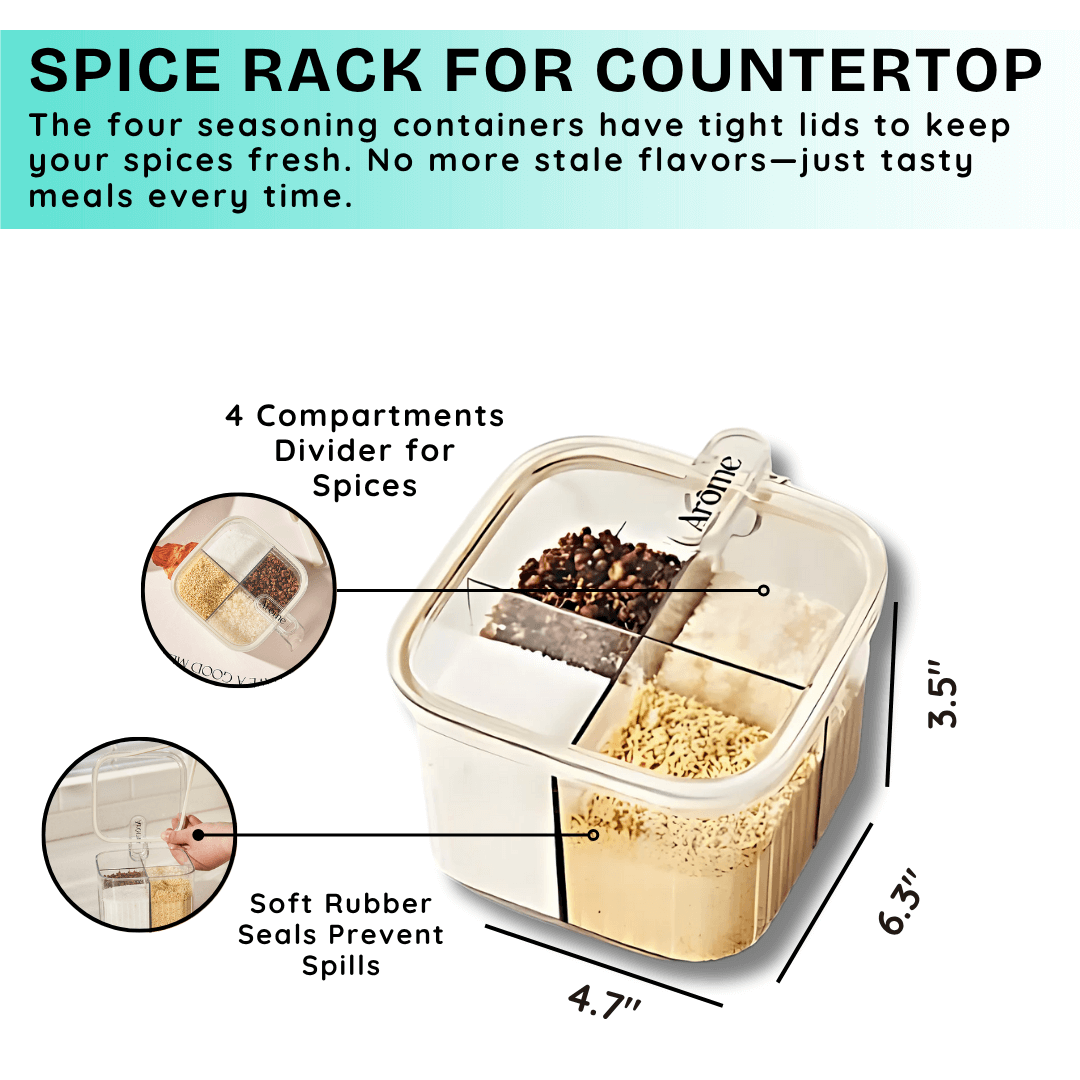 Spice rack for countertop with compartments and lid, showing features and measurements.