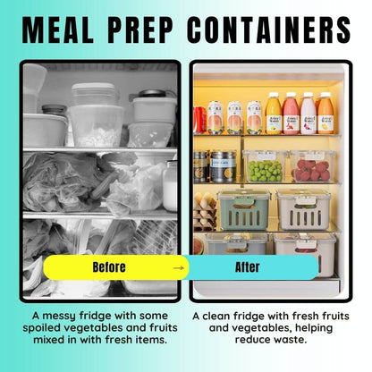 Before and after comparison of a messy fridge with spoiled vegetables and a clean fridge with fresh fruits and vegetables.