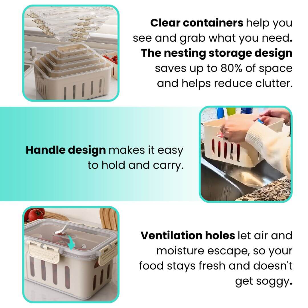 Clear containers with nesting design, handle, and ventilation holes for food storage.