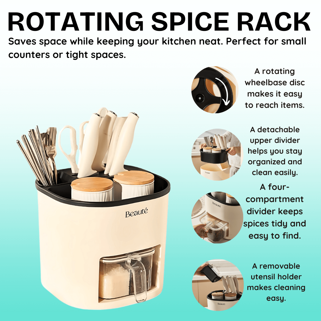 Rotating spice rack with features highlighted on a light blue background