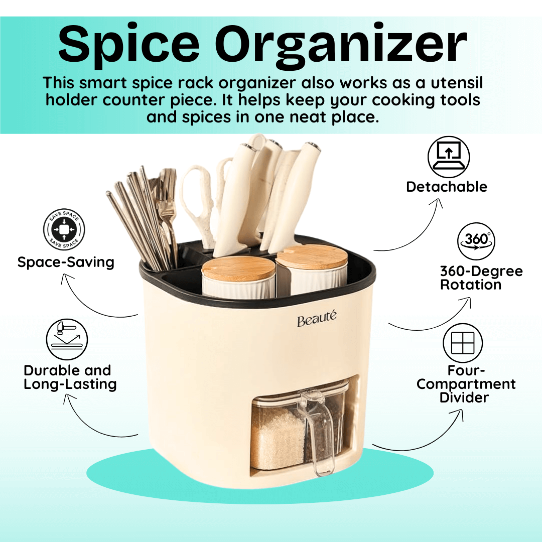 Spice organizer with features highlighted on a light blue background