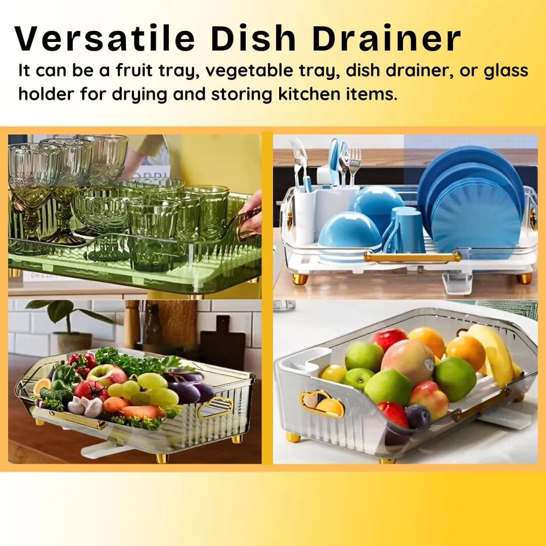 Versatile dish drainer with images of glasses, dishes, fruits, and vegetables on a yellow background.