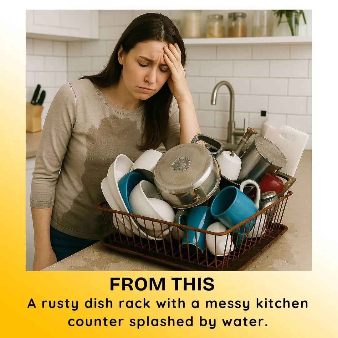 Woman with a frustrated expression in a kitchen with a rusty dish rack and messy counter.
